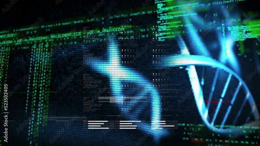Poster multiple exposure of computer code processing with rotating dna helix