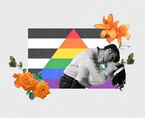 Creative colorful design. Conceptual image with loving kissing couple, man and woman isolated over rainbow background.