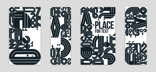 Covers and brochures for advertising geometric vector designs set, collection of trendy black and white compositions with places for text.