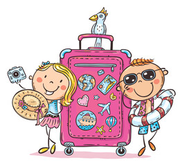 Fototapeta Illustration of happy kids traveling with suitcase in summer. Vacations and seaside clipart obraz