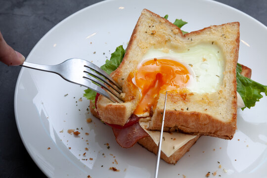 Sandwich Egg Toast with cheese on a dish.