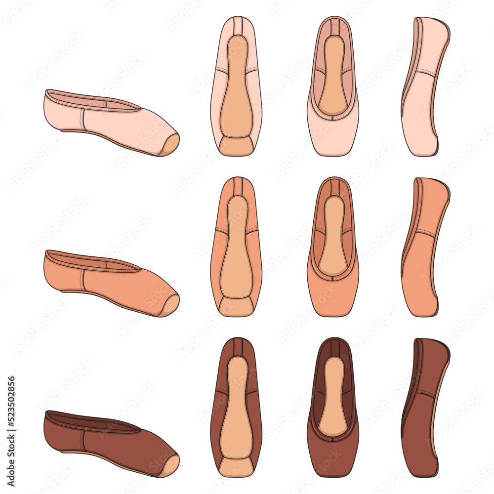 Poster set of color illustrations with pointe shoes, ballet shoes. isolated vector objects on a white backg