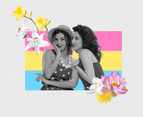 Creative colorful design. Conceptual image with two young, beautiful women flirty talking isolated on multicolored background