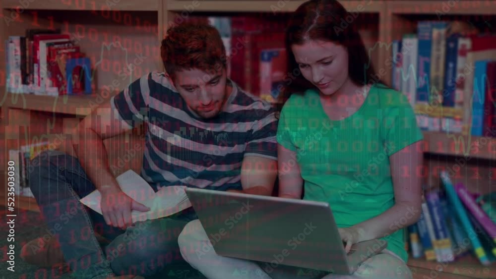 Poster animation of data processing over caucasian students talking