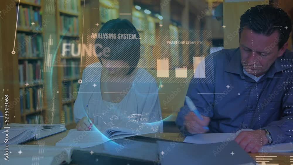 Poster animation of data processing over caucasian teachers in library