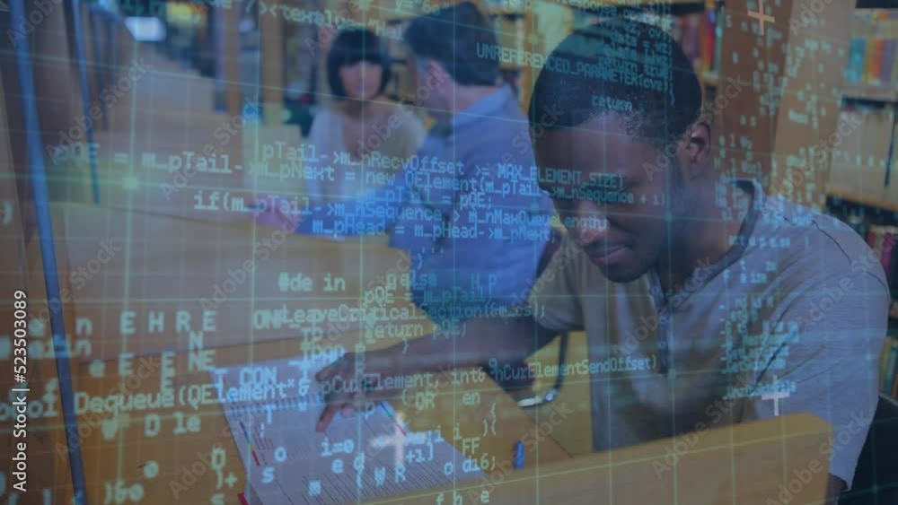 Poster animation of data processing over diverse people in library