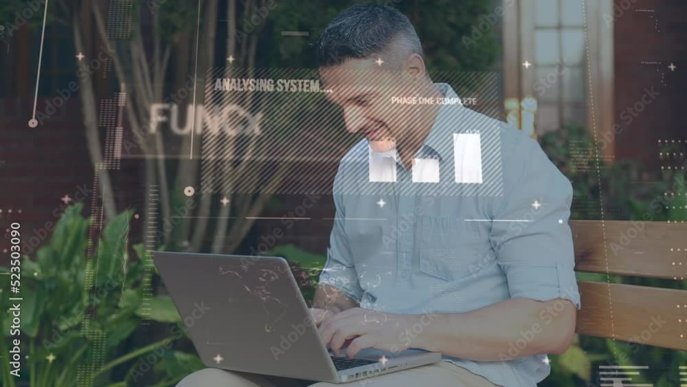 Poster animation of data processing over caucasian man using laptop