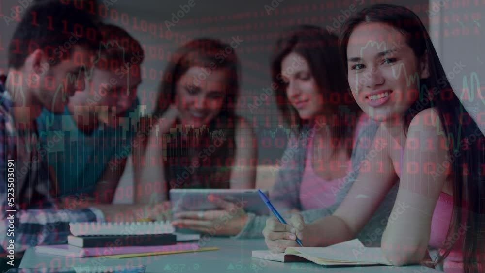 Poster animation of data processing over caucasian students talking