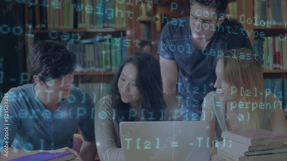 Poster animation of data processing over diverse students talking