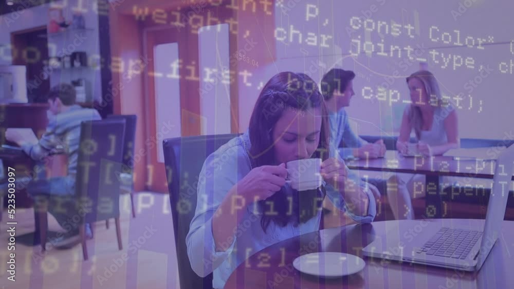 Poster animation of data processing over caucasian students using laptop