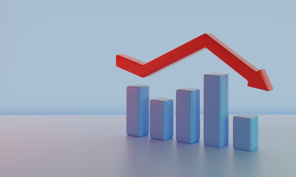Blue statistical bar chart with red decreasing arrow 
