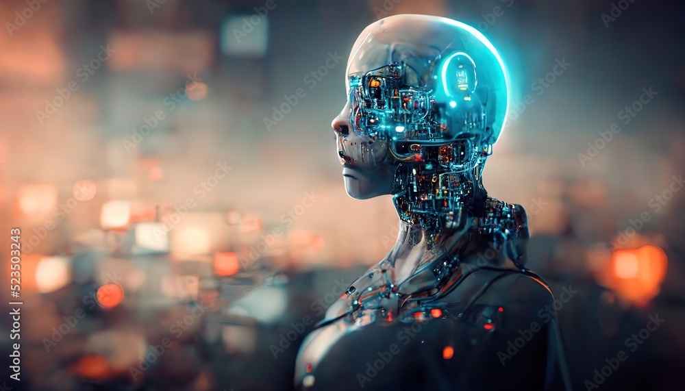 Poster a humanoid head with microchips and circuit boards and a neural network thinks. ai with a digital br