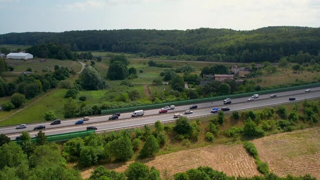 Highway infrastructure in Poland near Gdynia, aerial drone view of traffic