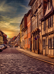 View of old town in Europe in beautiful evening light at sunset. Germany.