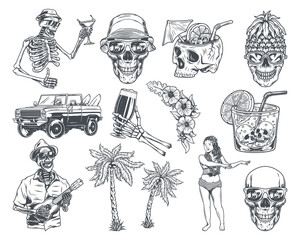 Isolated illustrations set - skulls, palms, surfing car, dancer, skeletons with cocktail and ukulele. - 523503856
