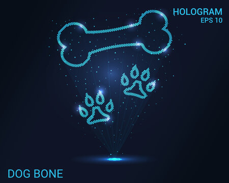 A hologram of a dog's bone. Holographic projection of a dog's bone. A shimmering stream of particle energy. Scientific design animals.
