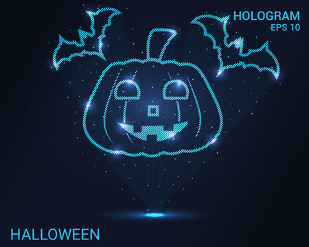 A Halloween hologram. Holographic projection of pumpkin and bats. A shimmering stream of particle energy. Scientific Halloween design