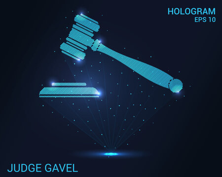 A hologram of a judge gavel. Holographic projection of the judge hammer. A shimmering stream of particle energy. Scientific design court.