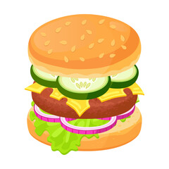 Burger sliced flat icon. Cartoon hamburger, tomato, cheese, cutlet, cucumber, onion isolated vector illustration