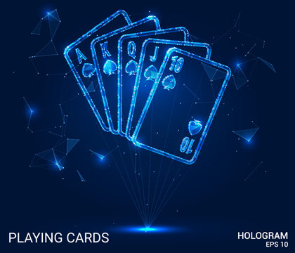 Hologram playing cards. A royal flush of polygons, triangles of points and lines. Poker is a low-poly compound structure. Technology concept.