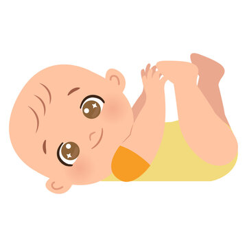 Cute baby lying down and playing with feet. Flat vector cartoon design