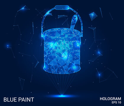 The hologram is blue paint. A can of paint with a brush made of polygons, triangles of dots and lines. Can of blue paint low-poly compound structure. Technology concept.