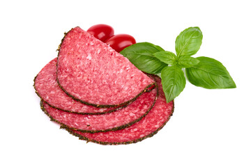 Traditional smoked salami sausage with spices Isolated on white background.