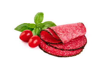 Peppered salami sausage slices, Isolated on white background.