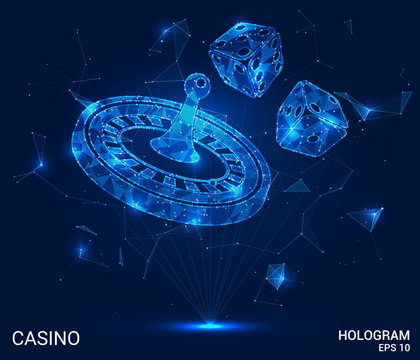 A casino hologram. Casino roulette and dice made of polygons, triangles of dots and lines. Casino roulette and dice are a low-poly compound structure. Technology concept vector.