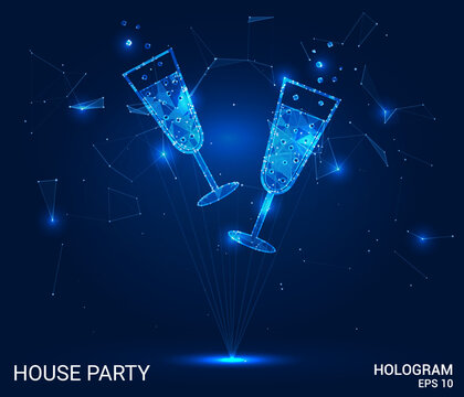 A hologram of a house party. Champagne glasses made of polygons, triangles of dots and lines. Champagne glasses are low-poly compound structure. Technology concept vector.