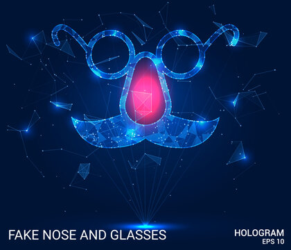 Hologram glasses mask with fake nose. Glasses mask with a nose made of polygons, triangles of dots and lines. Glasses mask with nose low poly compound structure. Technology concept vector.