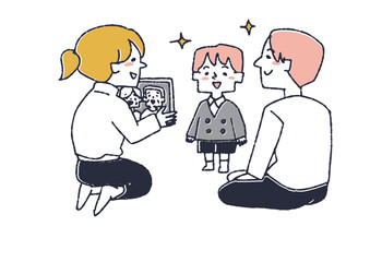 新しい制服を着ている男の子を祖父母に見せている両親　春に小学校に入学する子どもに関するイラスト