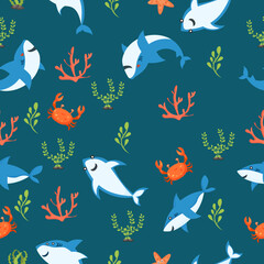Cute blue shark  seamless pattern vector illustration .
