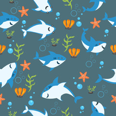 Cute blue shark  seamless pattern vector illustration .
