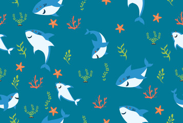 Cute blue shark  seamless pattern vector illustration .