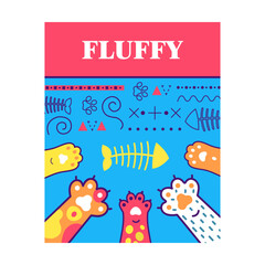 Bright flyer designs with tomcat paws. Vivid colorful brochure with fluffy paws. Domestic animals and pets concept. Template for promotional leaflet or poster