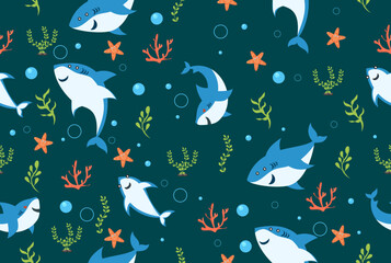 Cute blue shark  seamless pattern vector illustration .