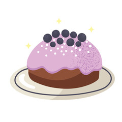 Hand drawn cute blueberry pie on a simple rustic plate, isolated on white vector illustration in flat style