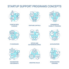 Startup support programs turquoise concept icons set. Funding small business idea thin line color illustrations. IT company. Isolated symbols. Editable stroke. Roboto-Medium, Myriad Pro-Bold fonts use