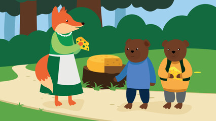 Fairy fox and two bear cubs holding pieces of cheese