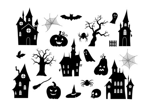 Set of Halloween silhouettes black icon on white background. Pumpkins vector illustration.