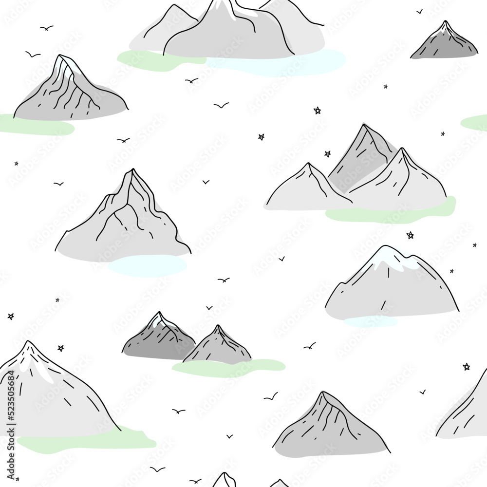 Aufkleber seamless vector pattern with mountains on white backdrop. hand drawn sketch style.