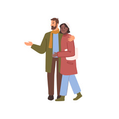 Bearded man and woman in fashion winter cloth, isolated flat cartoon characters on Christmas. Vector two hugging people in winter style apparel, romantic couple outdoors