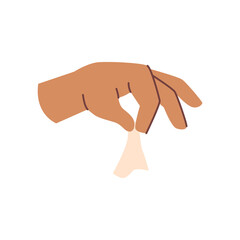Arm holding piece of cloth, isolated hand with tissue. Palm and fingers nonverbal communication. Giving or taking with fingertips. Flat cartoon, vector in flat style