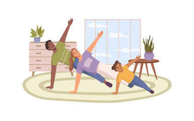 Afro american father, caucasian mother and daughter doing exercises together at home. Vector happy multinational family training, fitness sport activity