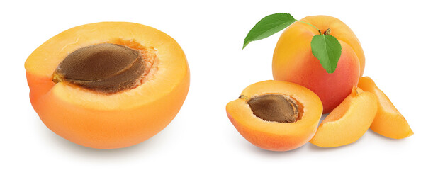 apricot fruit half isolated on white background with full depth of field. Set or collection
