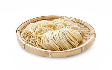 raw ramen noodle in wood plate isolated on white background. fresh egg ramen noodles isolated on...