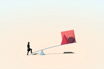 Asymmetric approach in business, a metaphorical vector illustration, effective asymmetric strategy, advantage in business, a businessman counterintuitively easily lifts large weight with a lever