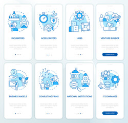 Startup financing options blue onboarding mobile app screen set. Walkthrough 4 steps editable graphic instructions with linear concepts. UI, UX, GUI template. Myriad Pro-Bold, Regular fonts used