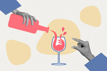 Collage photo of surrealistic hands hold showing little portion drink alcohol glass vacation today...